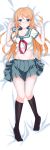  1girl absurdres black_legwear blue_eyes blue_skirt blush breasts collarbone eyebrows_visible_through_hair hair_ornament hairclip highres kneehighs kousaka_kirino long_hair looking_at_viewer lying medium_breasts navel on_back orange_hair ore_no_imouto_ga_konna_ni_kawaii_wake_ga_nai parted_lips skirt solo youga 