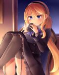  1girl black_panties blonde_hair blue_eyes chair commentary_request cup elina_lavrentieva garter_straps hair_between_eyes hairband highres jacket knees_up long_hair long_sleeves low_twintails mug neck_ribbon neit_ni_sei night original panties pantyshot pantyshot_(sitting) ribbon shadow sitting skirt smile solo star_(sky) thigh-highs twintails underwear window 