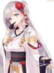  1girl azur_lane blue_eyes eyebrows_visible_through_hair eyeshadow flower gloves hair_flower hair_ornament highres japanese_clothes kimono long_hair long_sleeves looking_at_viewer makeup mole mole_under_eye one_side_up open_mouth partly_fingerless_gloves pinky_to_mouth shirousa shoukaku_(azur_lane) silver_hair solo twitter_username wide_sleeves 
