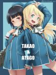  2girls :d arm_at_side arm_behind_back arm_up artist_name atago_(kantai_collection) bangs binoculars black_hair blazer blonde_hair blunt_bangs blush character_name child commentary frilled_sleeves frills green_eyes head_tilt highres jacket kakinomai kantai_collection long_hair long_sleeves looking_at_viewer machinery multiple_girls number open_mouth red_eyes short_hair_with_long_locks smile takao_(kantai_collection) twitter_username v younger 