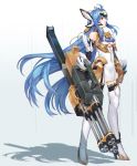  1girl ahoge android blue_hair breasts elbow_gloves full full_body gloves highres holding holding_weapon kos-mos kos-mos_ver._4 long_hair looking_to_the_side ohse red_eyes solo standing very_long_hair weapon xenosaga xenosaga_episode_iii 