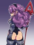  1girl armor ass black_hairband black_leotard disgaea expressionless fukurou_(owl222) hairband heavy_knight_(disgaea) highres holding holding_spear holding_weapon leotard long_hair pointy_ears polearm purple_background purple_hair shiny shiny_skin simple_background solo spear thigh-highs violet_eyes weapon 