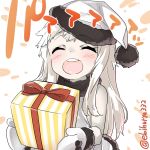  1girl bangs blush closed_eyes ebifurya eyebrows_visible_through_hair gift happy hat highres holding holding_gift kantai_collection long_hair mittens northern_ocean_hime open_mouth pom_pom_(clothes) round_teeth sidelocks sleeveless smile solo teeth twitter_username upper_body white_hair 