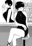  bar bare_shoulders black_dress black_hair blush breasts cup dress drinking drinking_glass greyscale highres holding holding_drinking_glass jewelry large_breasts legs_crossed monochrome necklace norman_maggot ol-chan_(norman_maggot) original short_hair sitting sleeveless sleeveless_dress 