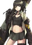  black_gloves black_hair black_shirt black_skirt blonde_hair blurry braid breasts brown_hair closed_mouth collarbone collared_shirt commentary cowboy_shot depth_of_field eyepatch girls_frontline gloves gun hair_over_shoulder headphones headphones_around_neck highres holding jacket long_hair looking_at_viewer m16a1_(girls_frontline) medium_breasts multicolored_hair navel off_shoulder open_clothes open_shirt pleated_skirt rifle shirt skirt smile streaked_hair tied_shirt weapon white_background wing_collar 