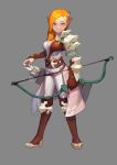  1girl armor arrow asymmetrical_clothes belt boots bow_(weapon) brown_eyes elf gloves grey_background hair_ornament high_heels knee_boots l.wolf long_hair orange_hair original pointy_ears quiver simple_background single_bridal_gauntlet single_glove solo waist_cape weapon 