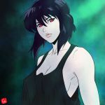  1girl black_hair breasts chris_re5 cleavage collarbone erect_nipples eyebrows eyelashes ghost_in_the_shell green_background highres kusanagi_motoko large_breasts parted_lips pink_lips red_eyes sideboob signature solo tank_top upper_body 