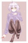  1girl black_legwear blush breasts closed_mouth eyebrows_visible_through_hair fate/grand_order fate_(series) full_body highres jeanne_d&#039;arc_(alter)_(fate) jeanne_d&#039;arc_(fate)_(all) large_breasts long_sleeves looking_at_viewer pantyhose purple_sweater ribbed_sweater rossa_(pixiv27548922) short_hair solo sweater white_hair yellow_eyes 