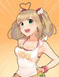  1girl blush breasts brown_hair cleavage collarbone eyebrows_visible_through_hair green_eyes idolmaster idolmaster_cinderella_girls kamille_(vcx68) large_breasts looking_at_viewer open_mouth orange_background satou_shin short_hair short_twintails simple_background smile solo speed_lines twintails 
