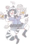  1girl :d animal_ears bangs bike_shorts black_footwear black_gloves black_legwear black_neckwear black_skirt blue_jacket blush_stickers closed_eyes common_raccoon_(kemono_friends) drinking_cup drinking_straw drooling eyebrows_visible_through_hair fangs food french_fries fur_collar gloves grey_hair hamburger jacket kemono_friends lying mitsumoto_jouji multicolored_hair on_back open_mouth pleated_skirt raccoon_ears raccoon_tail shoes short_hair skirt sleeping smile socks solo spread_legs tail translation_request 