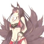  1girl akagi_(azur_lane) animal_ears artist_request azur_lane bikini black_hair breasts chains cleavage collarbone cowboy_shot fox_ears fox_tail large_breasts long_hair looking_at_viewer multiple_tails navel parted_lips ponytail red_bikini red_eyes smile solo stomach swimsuit tail 