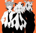  3girls animal_ears antlers arabian_oryx_(kemono_friends) aurochs_(kemono_friends) business_suit formal hands_in_pockets horns jacket_on_shoulders kemono_friends kouson_q lion_(kemono_friends) lion_ears multiple_girls necktie oryx_ears pants shirt short_hair suit 