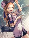  1girl absurdres at2. azur_lane baseball_cap bike_shorts blonde_hair blue_eyes blurry blush bogue_(azur_lane) chain-link_fence cowboy_shot depth_of_field dutch_angle fence flat_chest hair_ornament hat highres jersey long_hair looking_at_viewer open_mouth outdoors ponytail shirt_pull smile solo star star_hair_ornament sweat tsurime 