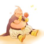  1boy blush boots candy cape dragon_ball dragonball_z food gloves hand_to_own_mouth happy heart lollipop majin_buu male_focus ribbon simple_background sitting smile white_background 