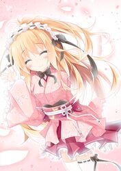  1girl ^_^ arm_up black_bow black_neckwear black_ribbon blonde_hair blush bow bowtie character_request closed_eyes closed_mouth commentary_request floral_print frilled_skirt frilled_sleeves frills gradient gradient_background hair_ribbon hairband hatsuyuki_sakura highres japanese_clothes kimono kushida_you lolita_hairband long_hair long_sleeves looking_at_viewer obi petals pink_background pink_kimono pink_skirt print_kimono ribbon ribbon-trimmed_legwear ribbon_trim sash short_kimono skirt smile solo tears thigh-highs very_long_hair waving white_background white_legwear wide_sleeves 