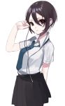  1girl alternate_hair_color bangs black_eyes black_hair black_skirt blue_neckwear collared_shirt cowboy_shot from_side hair_between_eyes hand_up highres idolmaster idolmaster_cinderella_girls looking_at_viewer necktie parted_lips pleated_skirt school_uniform shiomi_shuuko shirt short_hair short_sleeves simple_background sinsihukunokonaka skirt solo white_background white_shirt 