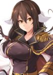  1girl aiguillette azur_lane bangs belt breasts brown_eyes brown_hair cape character_request closed_mouth coat collarbone commentary_request epaulettes hair_between_eyes highres horns kanzaki_kureha large_breasts lips long_hair long_sleeves looking_at_viewer low-tied_long_hair mikasa_(azur_lane) military military_uniform open_clothes open_coat simple_background smile solo tsurime uniform upper_body v-shaped_eyebrows white_background white_coat 