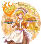 1girl apron blonde_hair check_commentary commentary_request food hat iesupa prosthesis prosthetic_arm rwby solo thanksgiving traditional_clothes turkey_(food) violet_eyes yang_xiao_long 