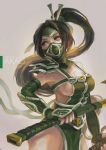  1girl akali arm_guards armor asymmetrical_armor bangs breasts brown_hair character_name chinese_clothes cleavage commentary cowboy_shot dual_wielding elbow_gloves english eyelashes eyeliner face_mask fingerless_gloves forehead_protector gloves green_armor green_eyes grey_background hair_ornament hair_ribbon high_ponytail holding holding_weapon jpeg_artifacts kama_(weapon) large_breasts league_of_legends long_hair looking_away looking_to_the_side makeup mask paint_(medium) parted_bangs ribbon shoulder_guard sickle weapon wrist_guards youlu 