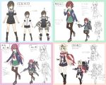  4girls adapted_costume alternate_costume argyle argyle_legwear black_hair black_legwear black_ribbon black_serafuku black_skirt blonde_hair blue_jacket brown_hair cannon character_chart commentary_request crescent crescent_moon_pin fingerless_gloves flower fubuki_(kantai_collection) full_body gloves gradient_hair green_eyes green_sailor_collar green_skirt hair_flaps hair_ornament hair_ribbon hairclip highres jacket kantai_collection kisaragi_(kantai_collection) long_hair looking_at_viewer low_ponytail machinery minosu multicolored_hair multiple_girls multiple_views mutsuki_(kantai_collection) neckerchief open_mouth pantyhose pleated_skirt ponytail pose red_eyes red_neckwear red_scarf remodel_(kantai_collection) ribbon rudder_shoes running sailor_collar scarf school_uniform serafuku short_hair short_ponytail sidelocks simple_background skirt smokestack socks standing sweater_vest sword thigh-highs turret violet_eyes weapon white_background white_scarf yuudachi_(kantai_collection) 