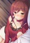  1girl :3 bang_dream! blush bra breasts brown_hair choker collarbone commentary_request green_eyes hair_between_eyes highres imai_lisa large_breasts long_hair long_sleeves looking_at_viewer lying momo_no_kanzume on_side pillow skirt smile solo underwear 