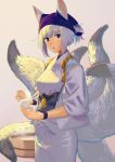  1girl :o alternate_costume alternate_hairstyle animal_ears azur_lane bandanna bangs blue_eyes blunt_bangs cooking eyebrows_visible_through_hair food fox_ears fox_tail japanese_clothes kaga_(azur_lane) kikumon kimono looking_at_viewer multiple_tails onigiri open_mouth poligon_(046) ponytail rice rice_bowl short_hair simple_background solo tail tasuki tied_sleeves white_hair white_kimono wristband 