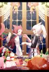  2girls animal_ears cat_ears cat_tail christmas closed_eyes cooking decorating decorations facial_mark final_fantasy final_fantasy_xiv food highres indoors ladle lili_mdoki miqo&#039;te multiple_girls open_mouth ponytail red_eyes redhead short_hair tail turkey_(food) white_hair window 