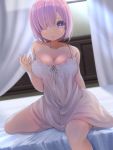  1girl bed breasts cleavage eyes_visible_through_hair fate/grand_order fate_(series) hair_over_one_eye lingerie mash_kyrielight negligee open_mouth purple_hair shiroiro_(freeirst) short_hair sitting solo strap_slip translation_request underwear violet_eyes 