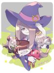  1girl chibi eyeshadow hair_over_one_eye half-closed_eyes hat kagari_atsuko komoreg little_witch_academia long_hair luna_nova_school_uniform makeup pale_skin potion sharp_teeth smile sucy_manbavaran teeth very_long_hair witch witch_hat 