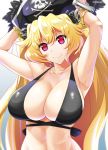  1girl anne_bonny_(fate/grand_order) anne_bonny_(swimsuit_archer)_(fate) black_bikini_top blonde_hair breasts fate/grand_order fate_(series) hat highres large_breasts long_hair looking_at_viewer mattari_yufi pirate_hat red_eyes simple_background smile solo swimsuit twintails white_background 