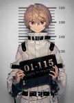  1boy belt blonde_hair closed_mouth height_chart hirota_tsuu holding holding_sign long_sleeves looking_at_viewer male_focus mugshot original sign smile solo straitjacket upper_body violet_eyes wide_sleeves 