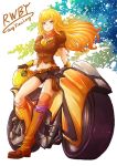  1girl ahoge asymmetrical_legwear belt black_gloves black_shorts blonde_hair boots breasts character_name cleavage copyright_name fingerless_gloves floating_hair gloves ground_vehicle knee_boots long_hair looking_at_viewer medium_breasts midriff moai_(moai_world) motor_vehicle motorcycle navel orange_footwear orange_legwear orange_scarf rwby scarf short_shorts shorts smile solo standing stomach thigh-highs very_long_hair violet_eyes yang_xiao_long 