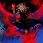  1girl black_skirt blonde_hair blouse bow cravat darkness dress_shirt floating flying glowing hair_bow hair_ribbon inishie_kumo long_sleeves looking_at_viewer open_mouth red_bow red_eyes red_ribbon ribbon rumia shirt short_hair skirt smile solo touhou vest white_blouse white_shirt wing_collar 
