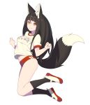  1girl absurdres animal_ears bangs black_legwear blunt_bangs blush brown_eyes brown_hair buruma closed_mouth eyebrows_visible_through_hair fox_ears fox_tail full_body highres jumping long_hair looking_at_viewer nagisa_kurousagi name_tag red_buruma shirt shoes short_sleeves simple_background smile socks solo tail very_long_hair white_background white_shirt 