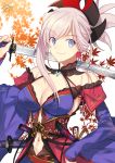  1girl asymmetrical_hair autumn_leaves blue_eyes blue_kimono closed_mouth cowboy_shot detached_sleeves earrings fate/grand_order fate_(series) hair_ornament highres holding holding_sword holding_weapon japanese_clothes jewelry katana kimono leaf_print looking_at_viewer magatama maple_leaf_print miyamoto_musashi_(fate/grand_order) navel_cutout nikame obi over_shoulder pink_hair ponytail sash sleeveless sleeveless_kimono smile solo sword weapon weapon_over_shoulder wide_sleeves 