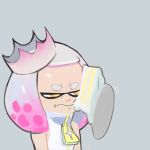  1girl cake colo_(nagrolaz) crown domino_mask fingerless_gloves food food_on_face gloves grimace highres hime_(splatoon) mask mole mole_under_mouth multiple_girls splatoon splatoon_2 tentacle_hair white_hair yellow_eyes zipper 