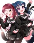  2girls :d ;d bangs black_feathers black_legwear black_serafuku blue_hair brown_eyes clenched_hand half_updo light_blush locked_arms long_sleeves love_live! love_live!_sunshine!! miniskirt multiple_girls neckerchief one_eye_closed open_mouth pantyhose pipette1223 redhead sakurauchi_riko school_uniform serafuku side_bun skirt smile thigh-highs tsushima_yoshiko violet_eyes w white_background white_neckwear 