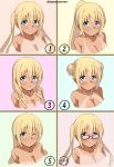  1girl :c ;) alternate_hairstyle bangs bespectacled blend_s blonde_hair blue_eyes blush braid breasts cleavage closed_mouth collarbone commentary_request double_bun eyebrows_visible_through_hair glasses hair_between_eyes high_ponytail hinata_kaho large_breasts long_hair looking_at_viewer low_twintails multiple_views nude one_eye_closed parted_lips ponytail profile purple-framed_eyewear sidelocks smile tan tanline tasora twin_braids twintails twitter_username v-shaped_eyebrows variations 