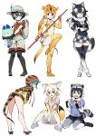  :&lt; :d absurdres animal_ears aqua_eyes aqua_hair backpack bag between_legs black_gloves black_hair black_legwear black_skirt blonde_hair blue_eyes bow bowtie breast_hold breasts brown_eyes bucket_hat circlet commentary_request common_raccoon_(kemono_friends) elbow_gloves extra_ears eyebrows_visible_through_hair fennec_(kemono_friends) food fox_ears fox_tail fur_collar geta gloves golden_snub-nosed_monkey_(kemono_friends) gradient_legwear grey_hair grey_wolf_(kemono_friends) hair_between_eyes hand_between_legs hands_in_pockets hat hat_feather heterochromia highres holding holding_pen japari_bun kaban_(kemono_friends) kemono_friends kneepits leaning_forward legs_crossed long_hair looking_at_viewer lucky_beast_(kemono_friends) multicolored_hair open_mouth orange_gloves orange_hair orange_legwear pantyhose pantyhose_under_shorts pen plaid plaid_skirt pleated_skirt ponytail red_shirt saruchitan shirt short_hair shorts simple_background sitting skirt smile snake_tail staff standing standing_on_one_leg striped_hoodie striped_tail tail tengu-geta thigh-highs tsuchinoko_(kemono_friends) very_long_hair watson_cross white_background white_hair white_shorts wolf_ears wolf_tail yellow_eyes yellow_leotard yellow_neckwear 