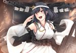  1girl black_hair cannon detached_sleeves floral_print hair_ornament headband japanese_clothes kantai_collection nontraditional_miko red_eyes remodel_(kantai_collection) rigging shohei_(piranha5hk) short_hair solo turret wide_sleeves yamashiro_(kantai_collection) 