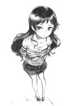  1girl foreshortening full_body graphite_(medium) greyscale highres idolmaster idolmaster_million_live! kitazawa_shiho long_hair looking_at_viewer monochrome nekoi_mie shirt sketch solo striped striped_shirt traditional_media 