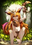  1girl absurdres barefoot blush bone bone_necklace boomerang brown_eyes feather_hair_ornament forest fur gnar hair_skull highres league_of_legends long_hair looking_at_viewer nature navel orange_hair outdoors personification sitting skull smile solo tail 