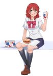  1girl alcohol american_flag beer beer_can bow bowtie can eba_rin food full_body hamburger highres kimi_no_iru_machi kneehighs loafers mole mole_under_eye pabst_blue_ribbon redhead shirt shoes short_sleeves sitting solo techsupportdog white_shirt 