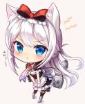  1girl :t american_flag american_flag_print animal_ears apron armor armored_boots azur_lane bangs black_dress black_legwear blue_eyes blush boots cat_ears chibi covering covering_crotch dress eyebrows_visible_through_hair flag_print frilled_apron frilled_dress frilled_sleeves frills full_body grey_background grey_footwear hammann_(azur_lane) knee_boots long_hair looking_at_viewer pout print_neckwear puffy_short_sleeves puffy_sleeves sakura_ani short_sleeves sidelocks silver_hair simple_background solo standing thigh-highs torpedo_tubes translated v-shaped_eyebrows very_long_hair waist_apron white_apron 