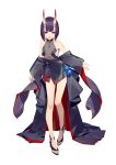  1girl bangs bare_shoulders barefoot_sandals bob_cut collarbone daye_bie_qia_lian fate/grand_order fate_(series) full_body gourd halterneck high_heels japanese_clothes jewelry kimono leaning_forward leotard necklace oni_horns parted_lips pink_lips purple_hair short_hair shuten_douji_(fate/grand_order) simple_background smile solo standing tachi-e violet_eyes white_background wide_sleeves 