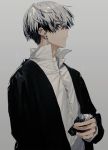  1boy black_jacket cigarette_box collared_shirt ear_piercing earrings grey_background hirota_tsuu holding jacket jewelry long_sleeves male_focus open_clothes open_jacket original piercing profile shirt short_hair sideways_mouth silver_hair simple_background solo upper_body white_shirt 