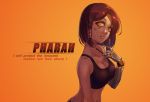  1girl bare_shoulders braid breasts character_name cleavage collarbone dark_skin english eye_of_horus facial_tattoo hair_tubes highres knightzzz large_breasts lips looking_at_viewer mechanical_arm orange_background overwatch parted_lips pharah_(overwatch) short_hair solo sports_bra tattoo twin_braids upper_body yellow_eyes 