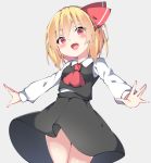  1girl :d amashi_(qcmrq906) ascot black_skirt blonde_hair blue_background blush commentary_request fang hair_ribbon looking_at_viewer open_mouth outstretched_arms red_eyes red_neckwear red_ribbon ribbon rumia short_hair simple_background skirt smile solo touhou 
