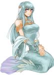  1girl aqua_hair arm_warmers bare_shoulders blue_dress bracelet breasts dress fire_emblem fire_emblem:_rekka_no_ken full_body hair_ornament hands_on_lap hands_together highres jewelry large_breasts long_hair looking_at_viewer ninian pink_eyes sash seiza simple_background sitting snowflake_print solo tnmrdgr white_background 