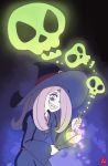  1girl absurdres chris_re5 flask grin hair_over_one_eye hat highres little_witch_academia makeup pink_hair sharp_teeth signature skull smile solo sparkle sucy_manbavaran teeth upper_body violet_eyes wand wide_sleeves witch_hat 